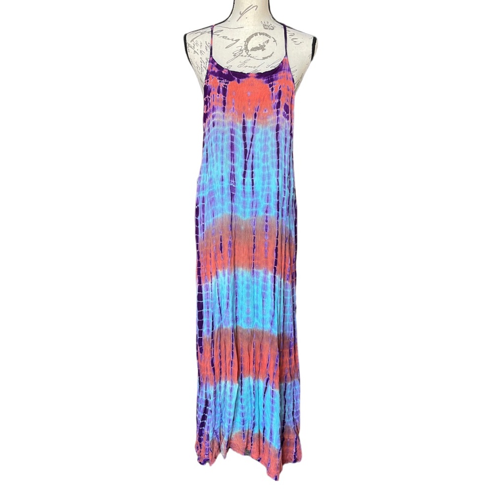 Sunflower Tie-Dye Hippie Maxi Dress in Purple Blue Rusty Orange Resort wear - OS - Picture 2 of 10